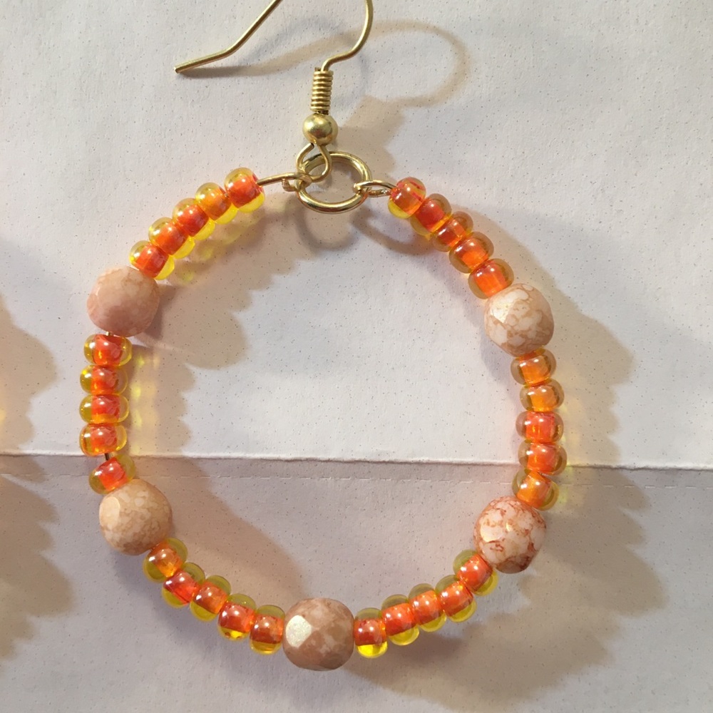 Handmade orange dangle hoop earrings